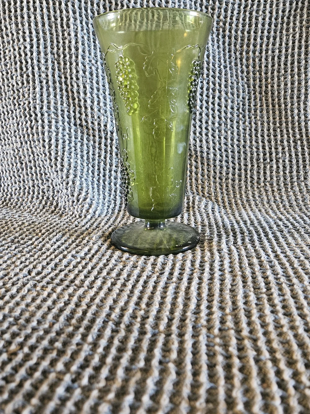 Green Pressed Glass Goblet with Grape Motif
